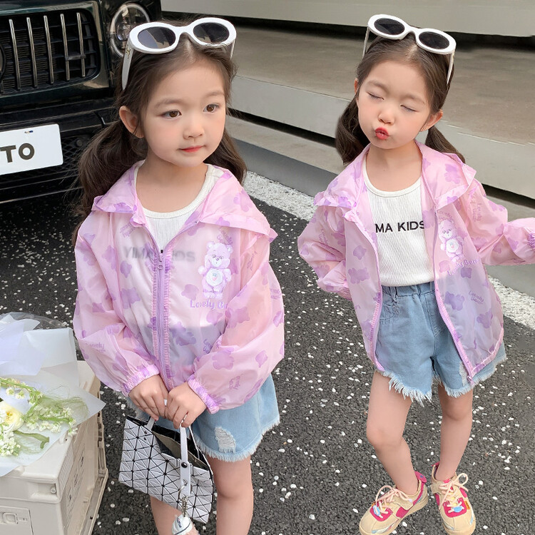 夏季卡通徒步女儿童皮肤衣外套连帽紫色印花防晒衣2024女童薄外套