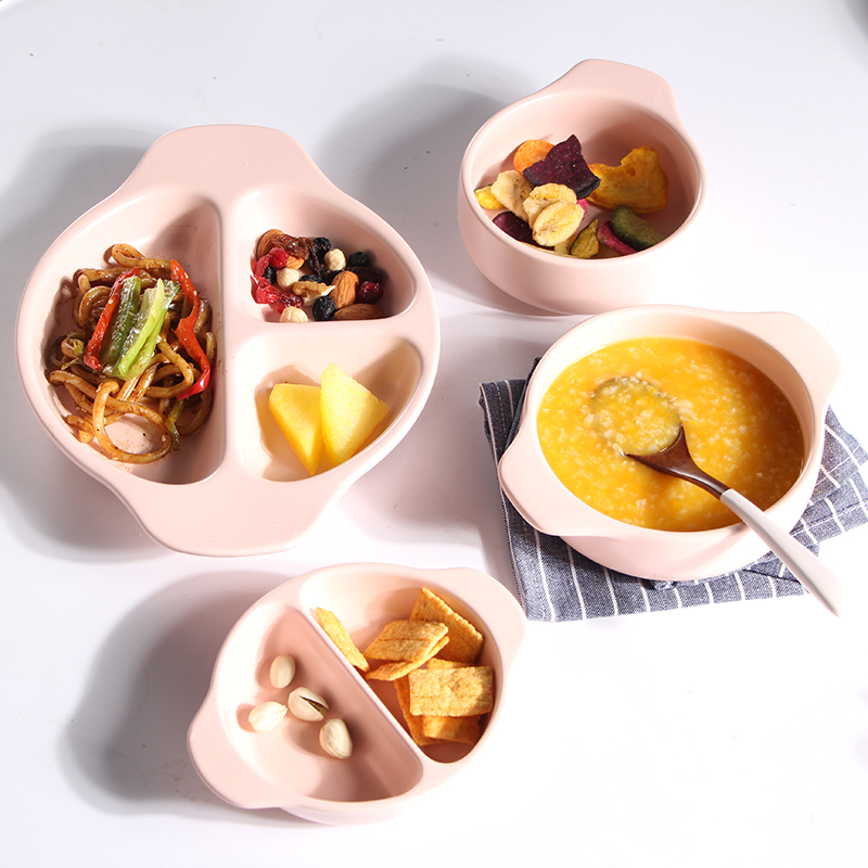 分格陶瓷哑光餐具盘子分隔盘家用三格分餐早餐儿童零食碟子双耳碗