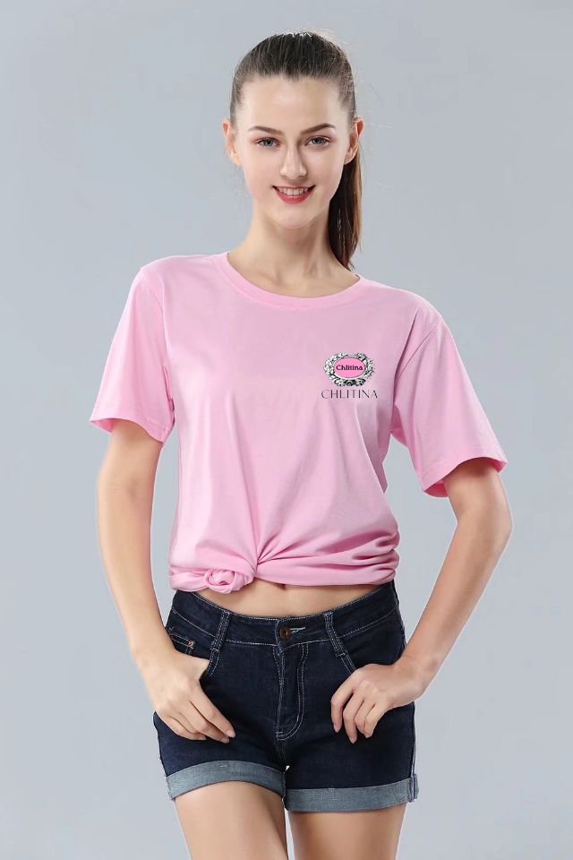 高档克丽缇娜工作服纯棉T恤母婴店团体服粉色短袖男女广告衫印log
