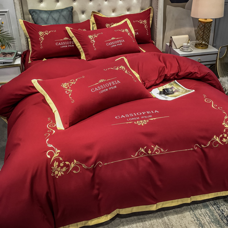 欧式夏季水洗棉四件套大红色婚庆床单被套床笠北欧风结婚床上用品