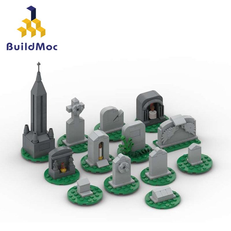 BuildMOC拼装积木玩具创意人仔墓碑群陵园墓地石碑墓穴坟墓场景