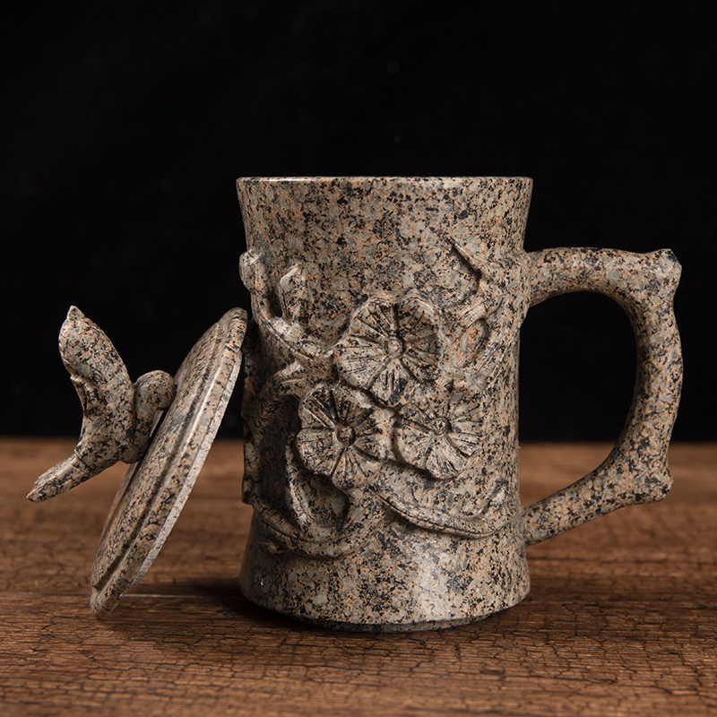 石雕大容量摆件麦饭石杯子家用茶杯男士水杯杯浮雕父亲节礼物茶具