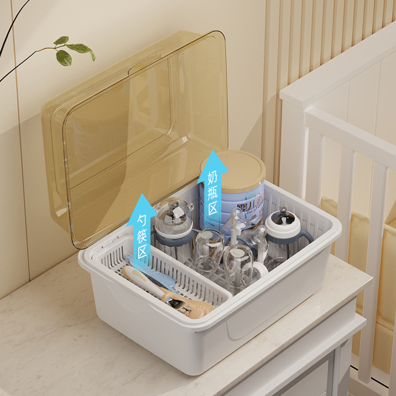 宝宝奶瓶收纳箱架子沥水架防尘带盖辅食工具收纳柜婴儿餐具收纳盒