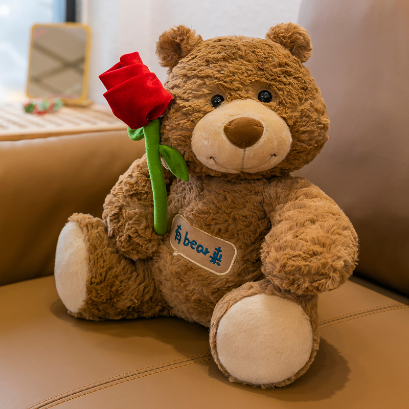 棕色抱着玫瑰花小熊公仔泰迪熊毛绒玩具布娃娃儿童布娃娃生日礼物