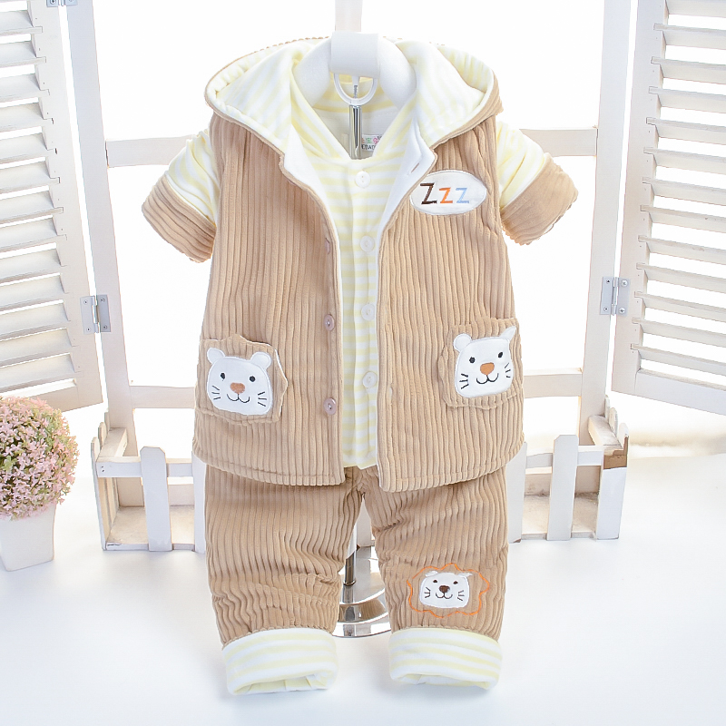 男宝宝套装婴儿灯芯绒棉服加厚0-1-2岁女宝秋冬装外穿马甲三件套