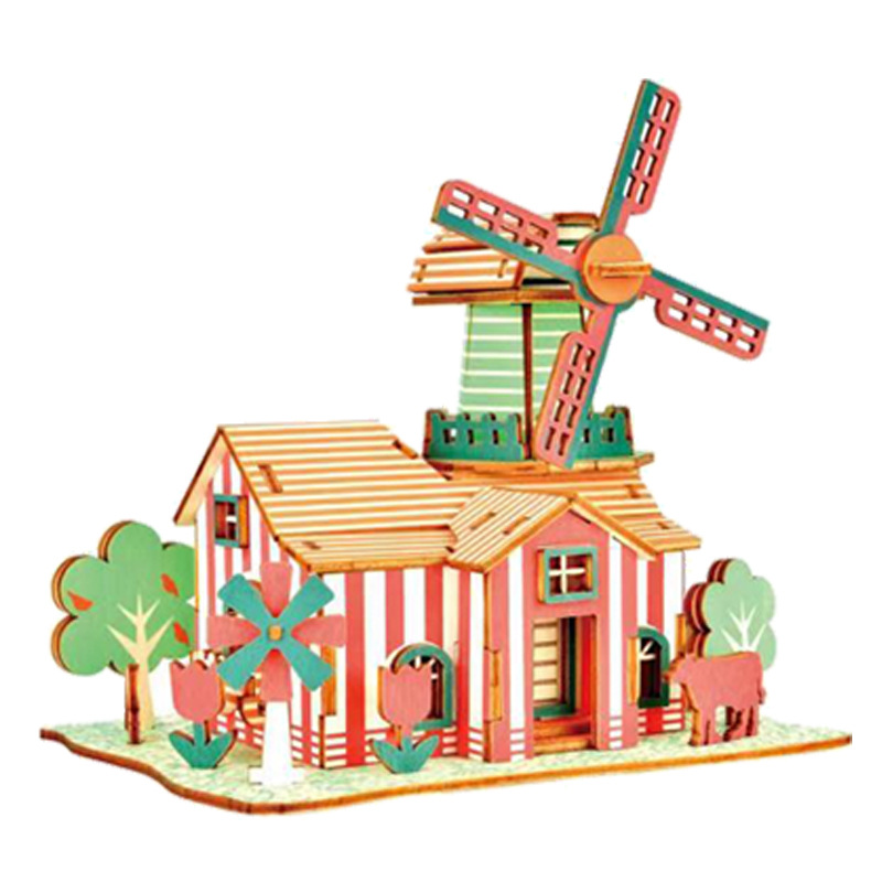 激光3D立体DIY木制儿童建筑小屋别墅开发智力益智玩具木质拼图