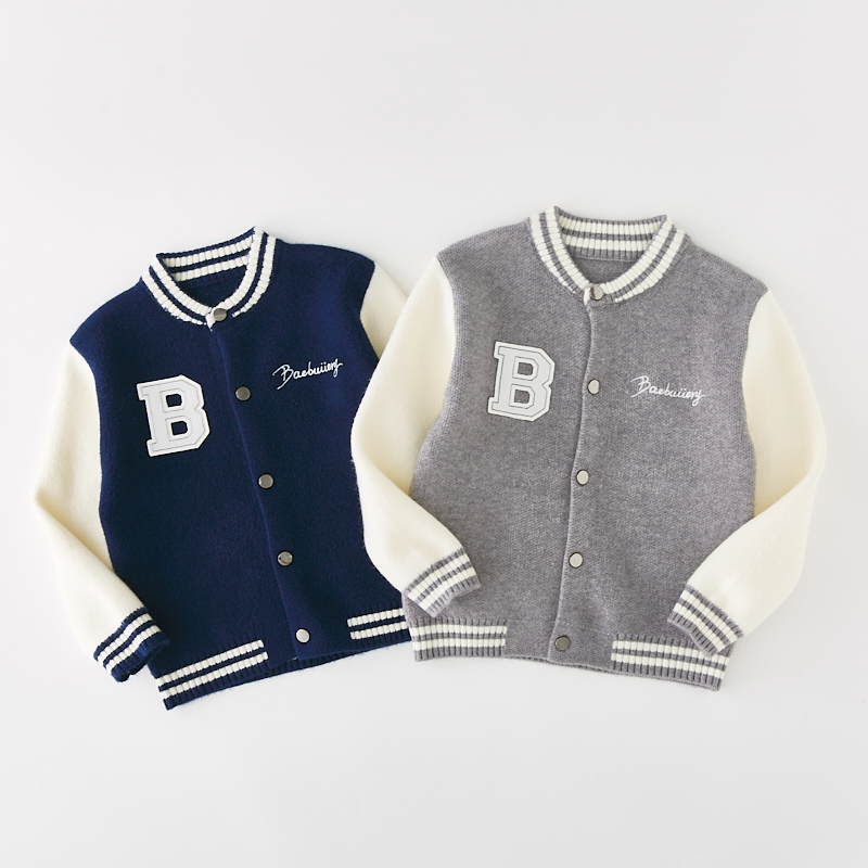 品牌童装23秋冬新款儿童两色字母针织棒球服 大童亲子羊绒衫外套