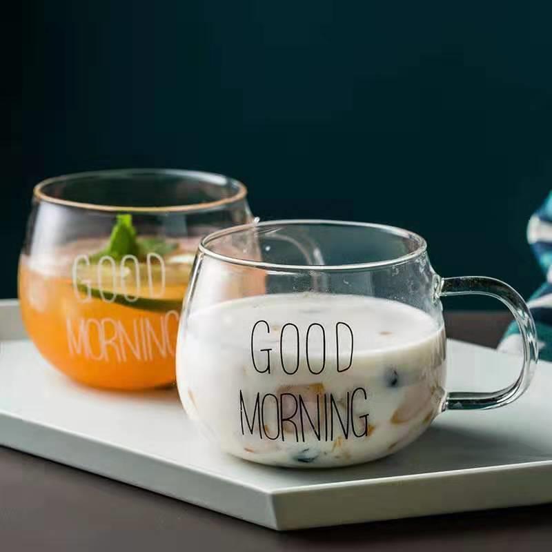 耐热高硼硅玻璃带把手透明玻璃圆趣杯燕麦牛奶早餐杯果汁杯带logo