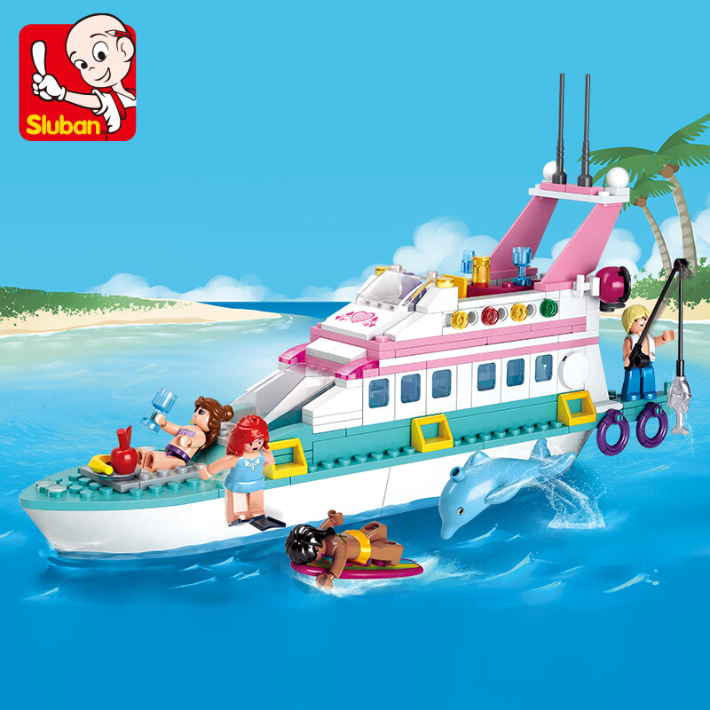 小鲁班0609粉色梦想豪华游艇海豚湾积木船儿童益智拼装玩具
