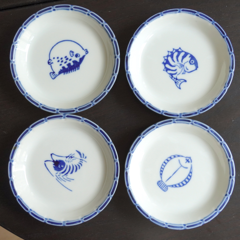 日本进口中古瓷 青花手绘 海鲜造型龙虾鱼 河豚 可爱碟子陶瓷