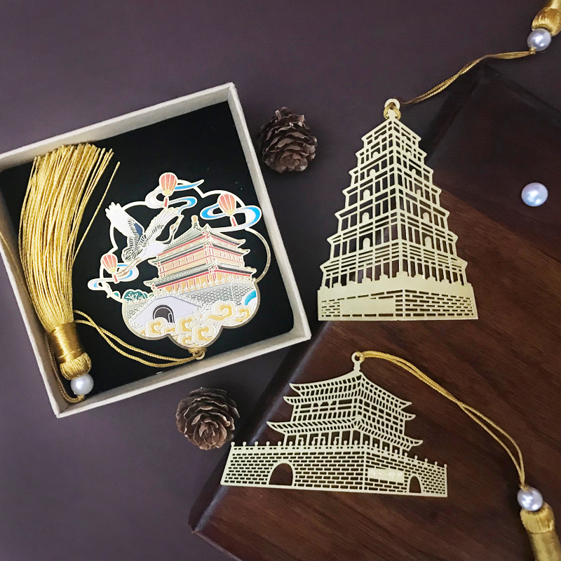 西安旅游纪念品创意黄铜镂空金属书签精致钟楼兵马俑大雁塔礼品