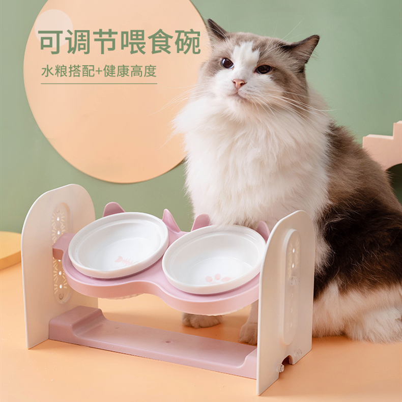 宠物猫碗陶瓷保护颈椎双碗可调节高度碗架高脚猫咪狗狗盆幼猫水碗