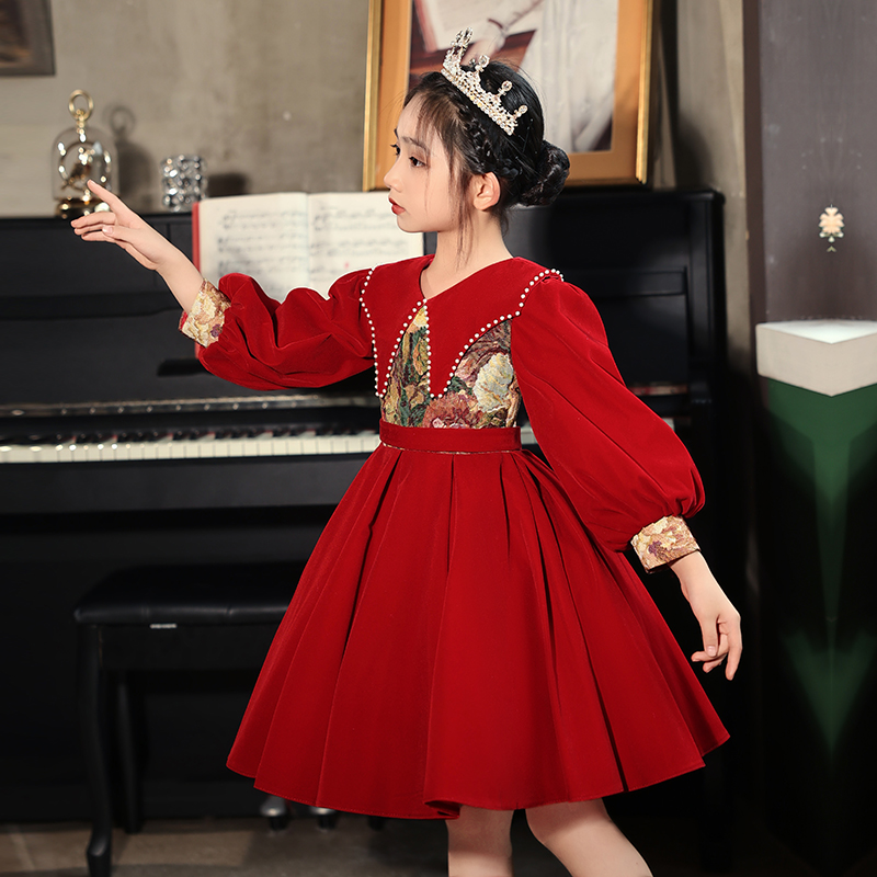 花童公主裙女童生日红色礼服高端秋冬婚礼儿童钢琴演出服长袖中式
