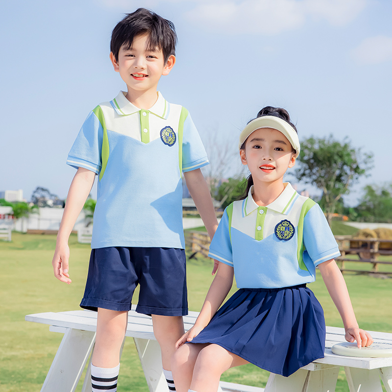 幼儿园园服短袖T恤夏季韩版学院风小学生班服圆领运动校服棉套装
