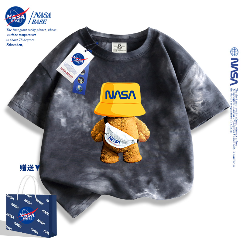 NASA男童短袖t恤2024新款中大童儿童夏季纯棉帅酷扎染半袖体恤潮