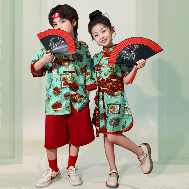 中国风儿童六一团队演出服新中式汉服套装女童旗袍裙男童唐装国潮
