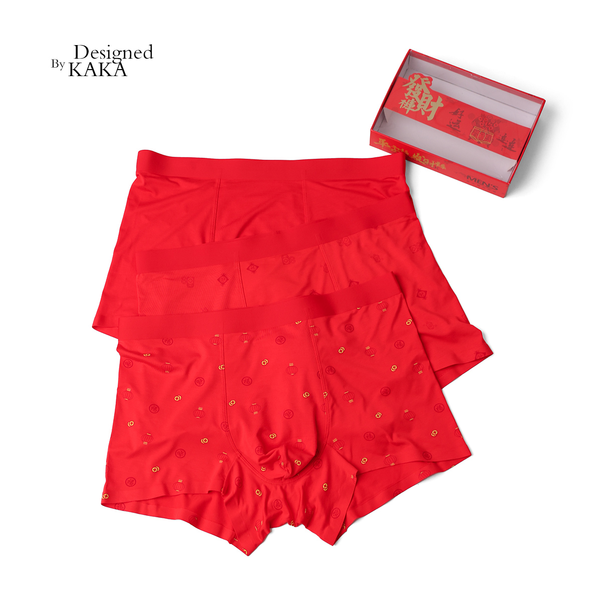 鸿运本命年男士红色内裤套盒~舒适弹力平角内裤每盒3条装KAKA特惠