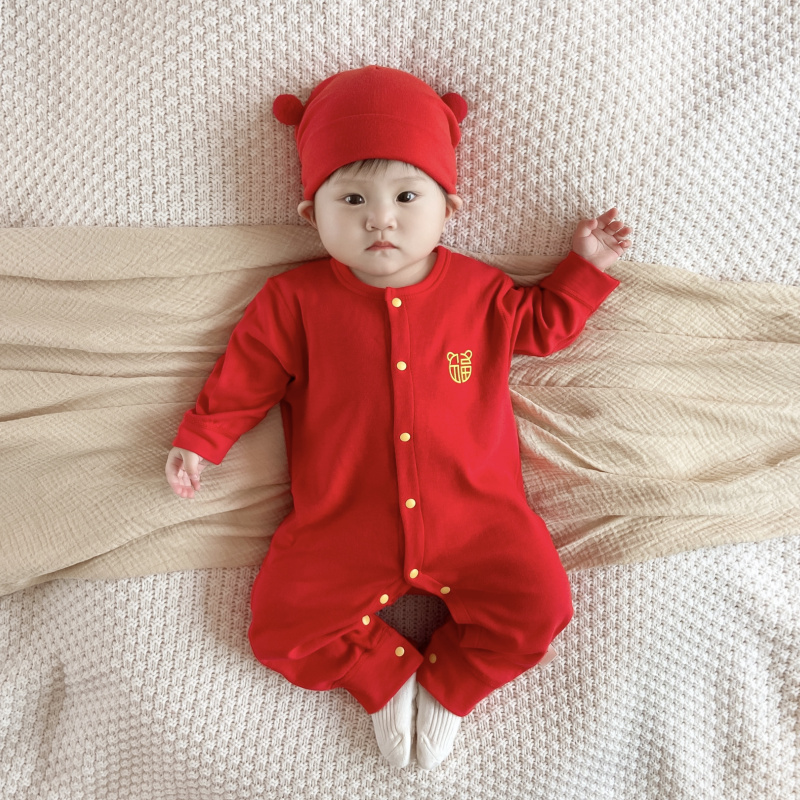婴儿纯棉连体衣宝宝满月周岁红色喜庆衣服新生儿过年服长袖爬爬服
