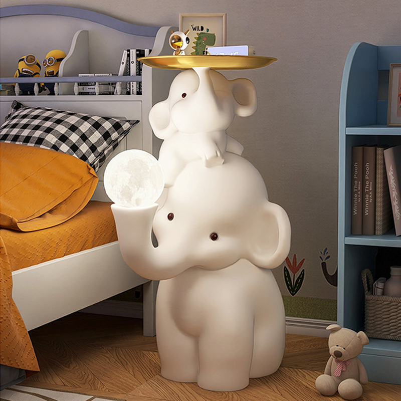 现代奶油风可爱儿童房床头柜亲子大象托盘边几收纳摆件落地装饰灯