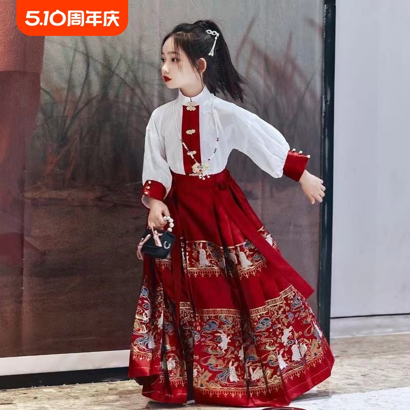 儿童改良汉服马面裙汉服女童明制古装中国风春夏款日常红白套装