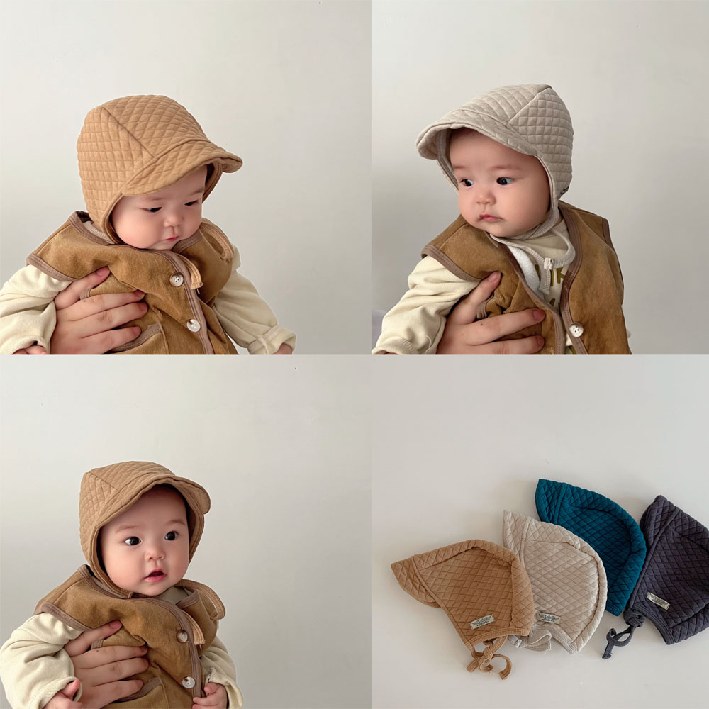 韩系风婴儿夹棉格纹绑带护耳帽子秋冬小童宝宝保暖纯色遮阳大沿帽