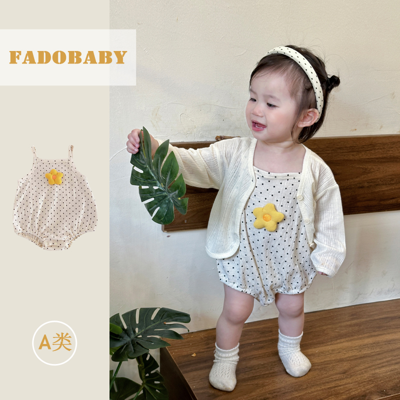 ins夏季韩版婴儿吊带薄款连体衣女宝宝卡通长袖空调衫洋气2件套装