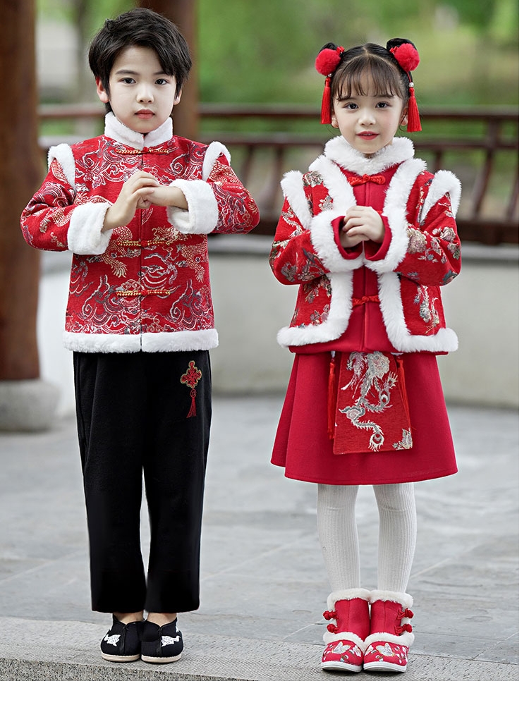 红色儿童冬季加绒新款年战袍2024年拜年花棉袄服龙中国风唐装男过