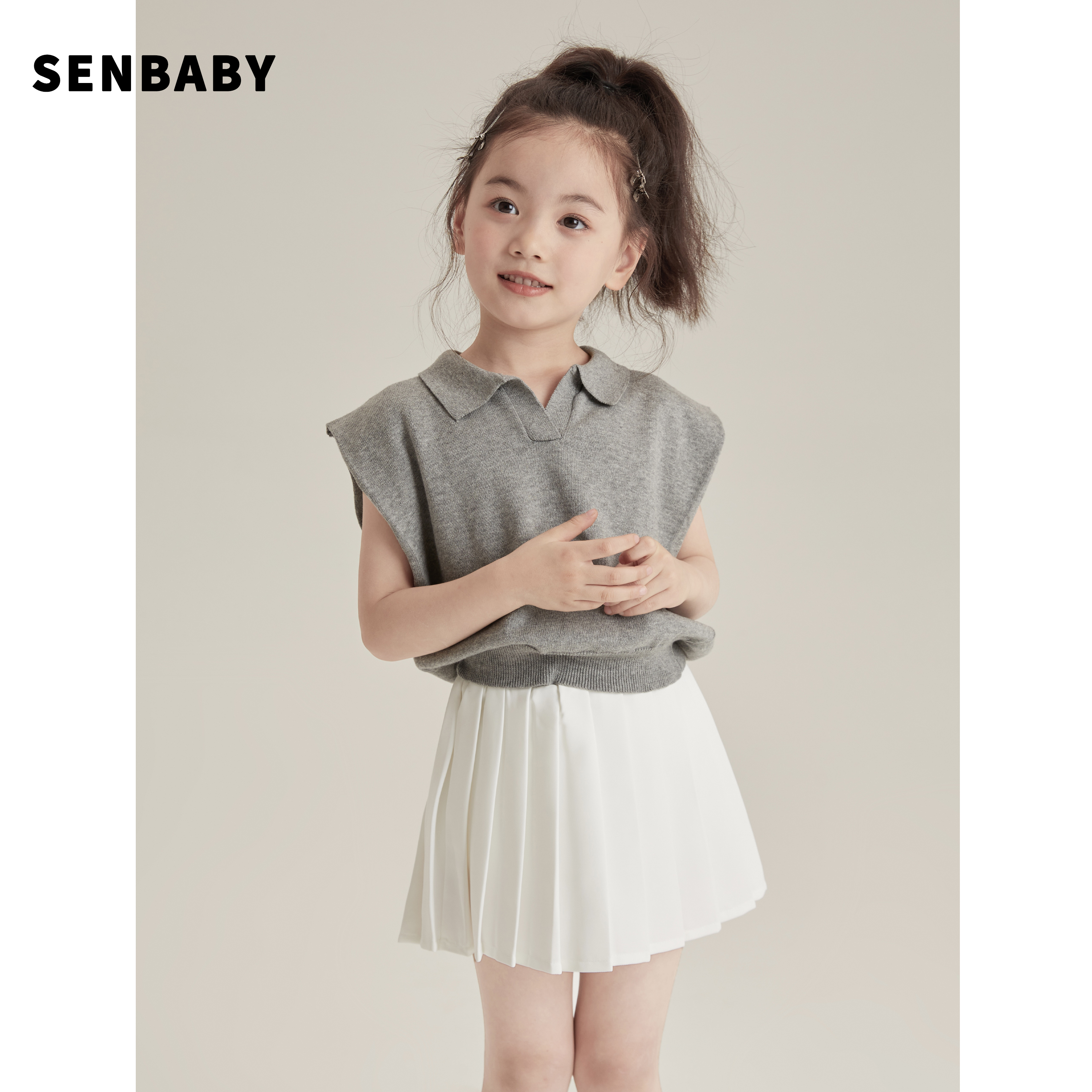 Senbaby女童夏装Polo衫中大童气质针织上衣儿童轻薄翻领Polo短袖