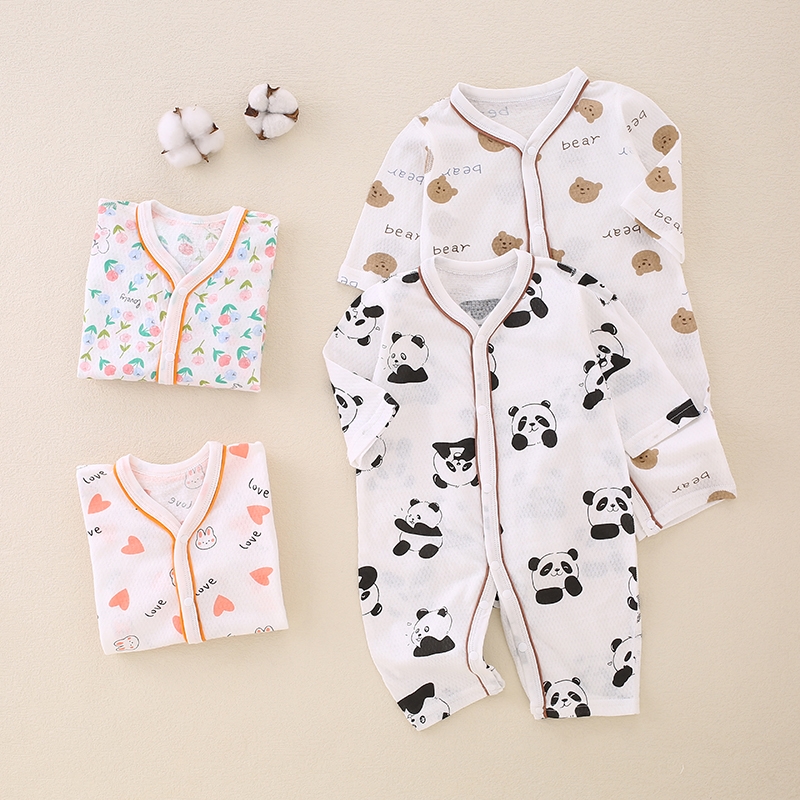 婴儿连体衣夏季薄款新生儿长袖空调服爬爬服哈衣宝宝纯棉睡衣熊猫