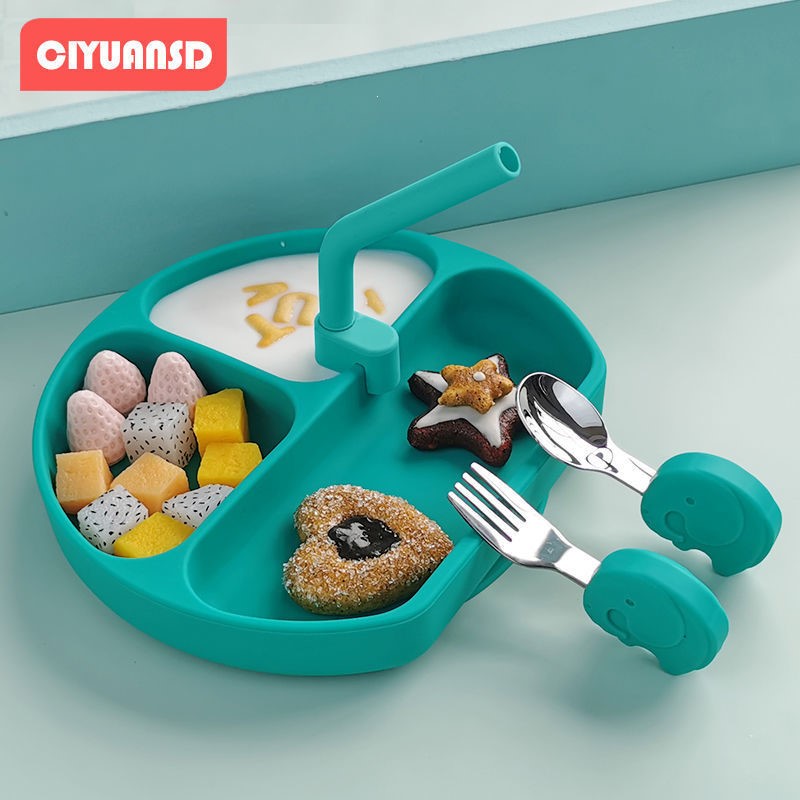 宝宝学吃饭训练勺子婴儿童餐具辅食不锈钢小硅胶短柄勺叉子套装