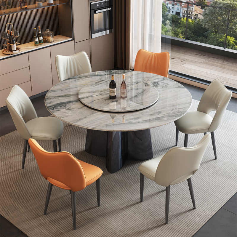 威尼斯棕奢石欧式超晶石高端餐桌椅组合大理石圆餐桌微晶石高级