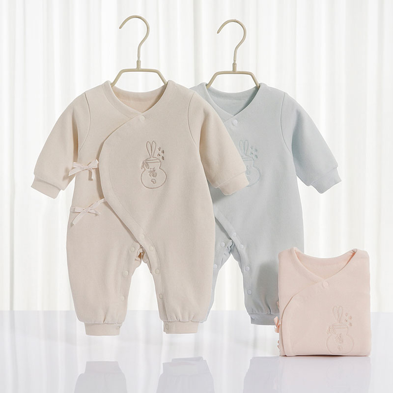 初生婴儿连体衣纯棉绑带双层哈衣0-3个1月新生儿衣服春秋季和尚服