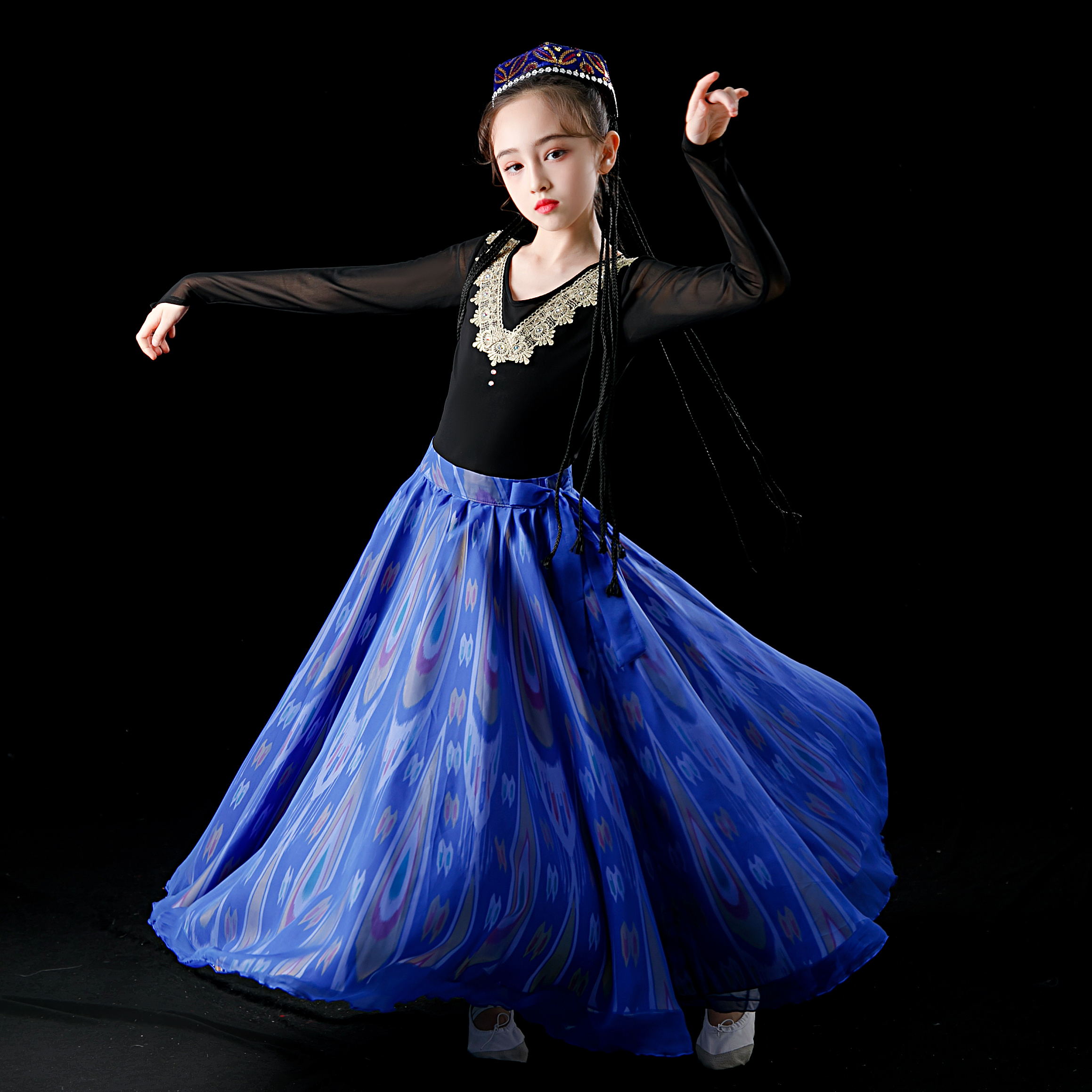 儿童新疆舞蹈演出服哈萨克族女大摆裙少数民族服装维吾尔族表演服