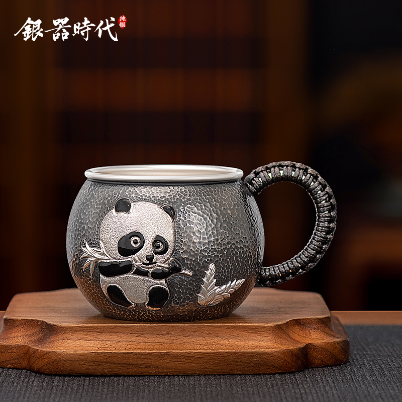 银器时代 银水杯纯银999萌宝熊猫茶缸杯手工精錾家用大容量主人杯
