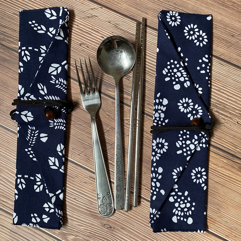 餐具收纳袋筷子勺叉西餐具布袋学生单人蓝印花布便携式餐具布袋子