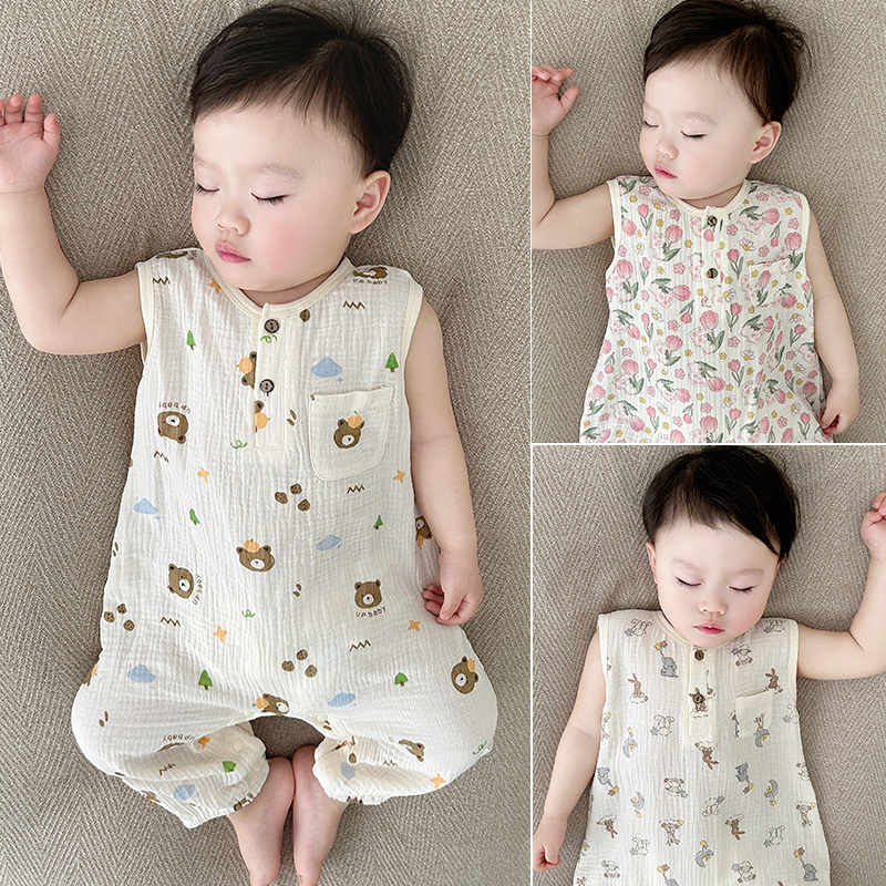 婴儿夏装纱布无袖长裤透气韩系婴幼儿空调爬服哈衣宝宝睡衣连体衣