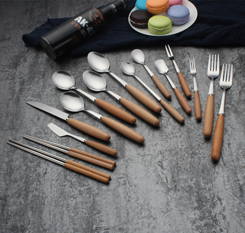 木柄不锈钢筷子勺子套装家用西餐牛排刀叉勺三件套创意水果叉饭勺