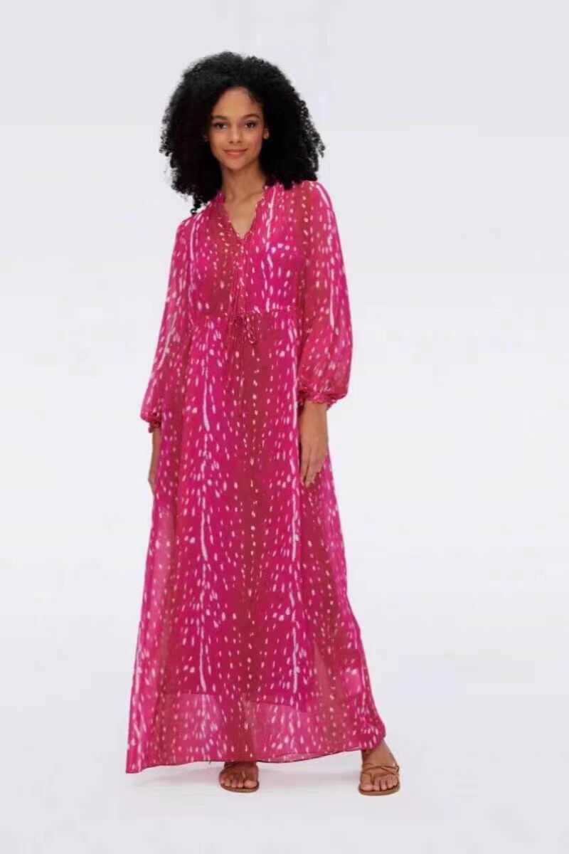 DVF24新款春夏季玫粉红斑点印花灯笼袖抽绳长款仙女连衣裙DL1S008