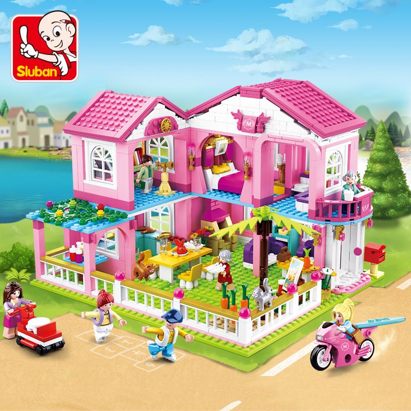 快乐小鲁班积木孩益智力拼装玩具粉色梦想系列花园女别墅房子拼图