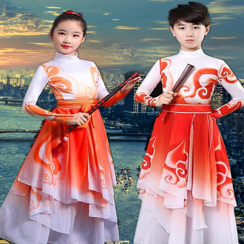 儿童新款古典舞演出服飘逸中国风舞蹈服男女同款表演扇子舞练功服