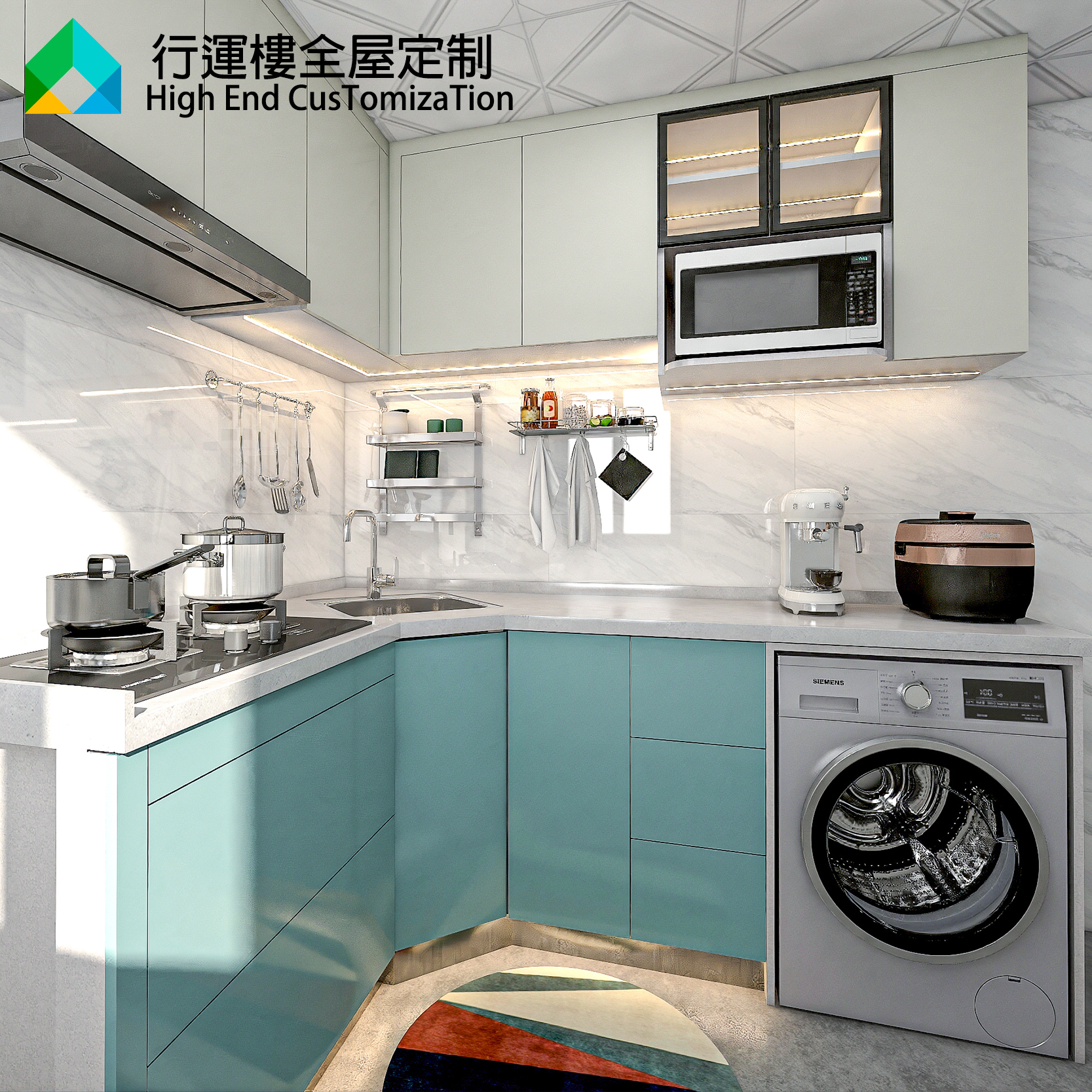 香港全屋定制櫥櫃吊櫃廚房整体訂造煮食爐石英石灶台檯帶洗衣機位