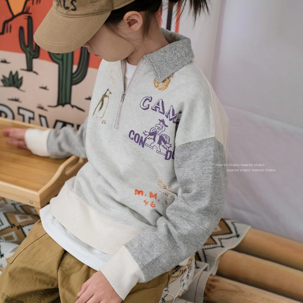 自留款 24春日系儿童卫衣拼接卡通涂鸦企鹅印翻领毛圈polo套头T恤
