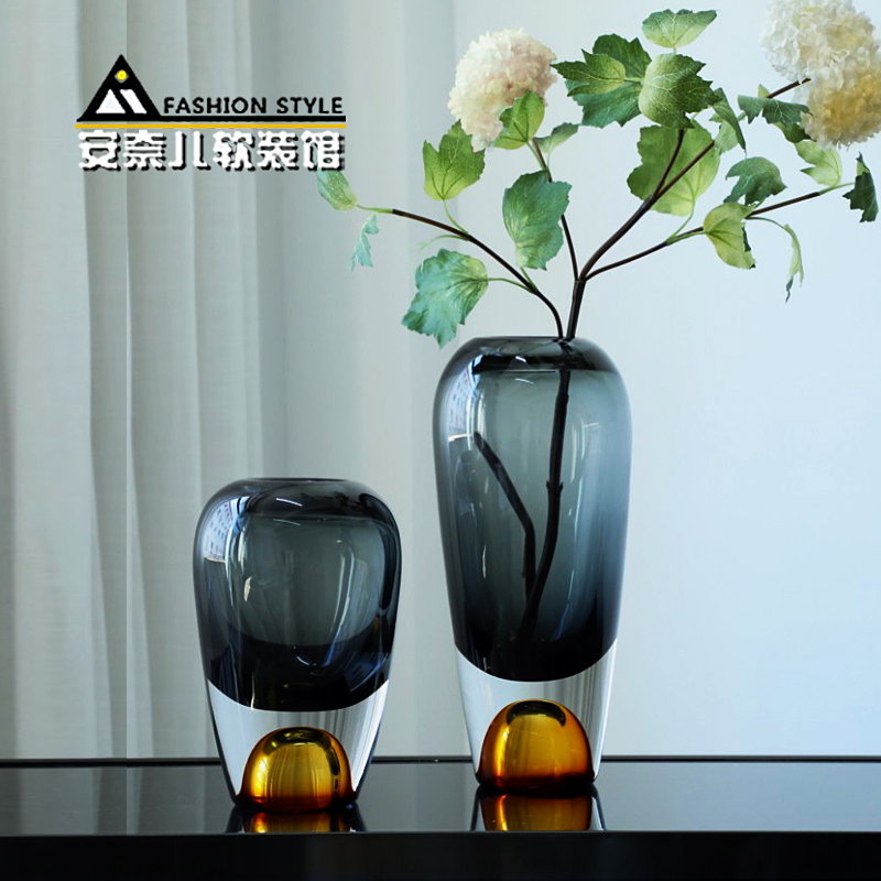 创意厚底灰色水晶玻璃花瓶家居酒店样板间桌面插花器软装饰品摆件