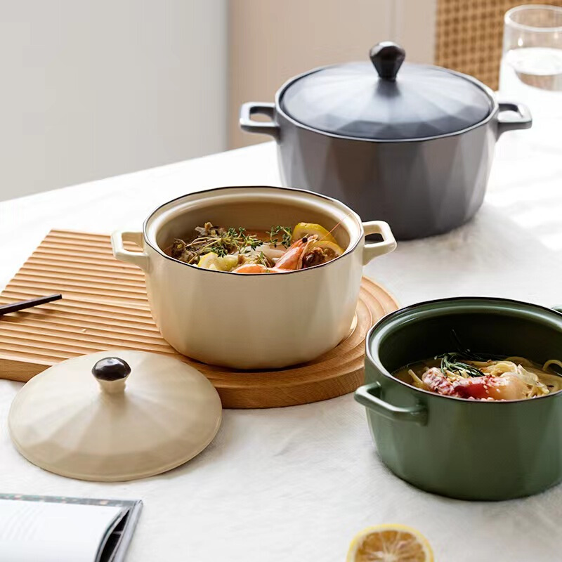 北欧钻石波纹双耳汤碗创意大号泡面碗家用带盖陶瓷餐具碗个性汤盆