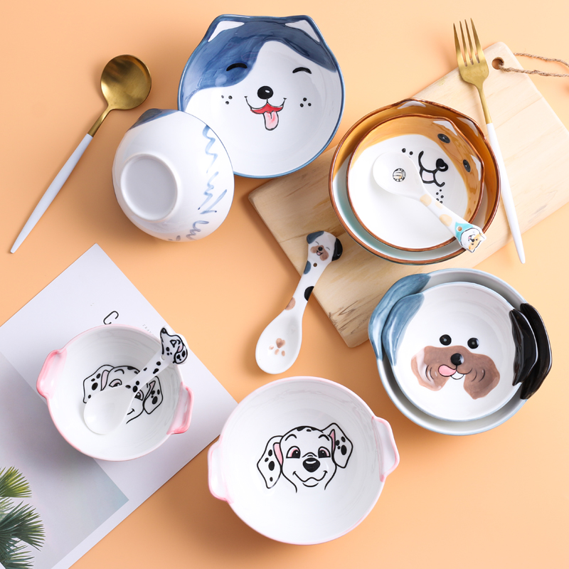 卡通创意个性陶瓷碗家用可爱儿童宝宝餐具手绘柴犬哈士奇碗盘勺子