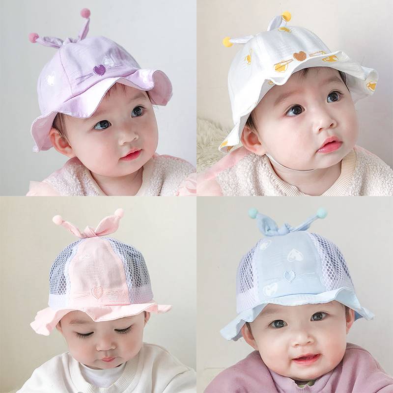 婴儿遮阳帽小月龄1岁男女宝宝夏季薄款纯棉0一6月可爱防晒渔夫帽