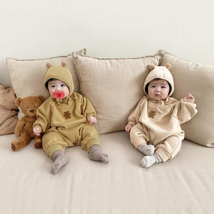 韩版秋款小熊毛巾绣卫衣婴儿连体新生儿衣服宝宝长款包屁哈衣套装