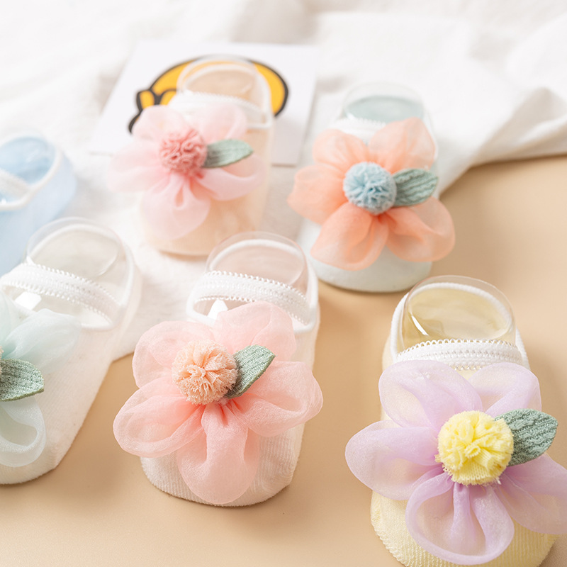 新生婴儿袜子春夏季薄款花朵地板袜棉袜0-6-12月船袜女宝宝公主袜