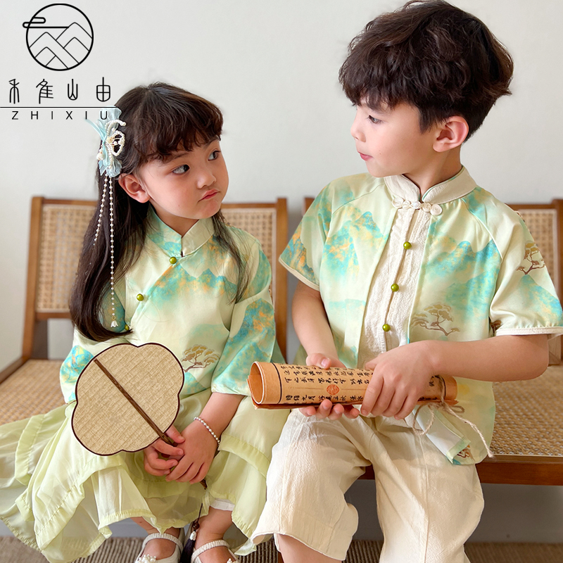 儿童汉服夏装女童中式中国风唐装男童国学绿色古风江山图古装演出