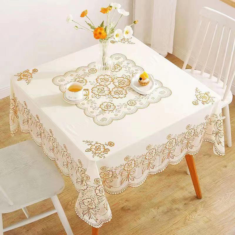 PVC正方形桌布烫金蕾丝塑料餐桌盖布防水防油防烫免洗八仙桌台布